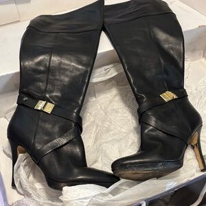 Marc Fisher Black Over the Knee Boots with Gold Buckles
